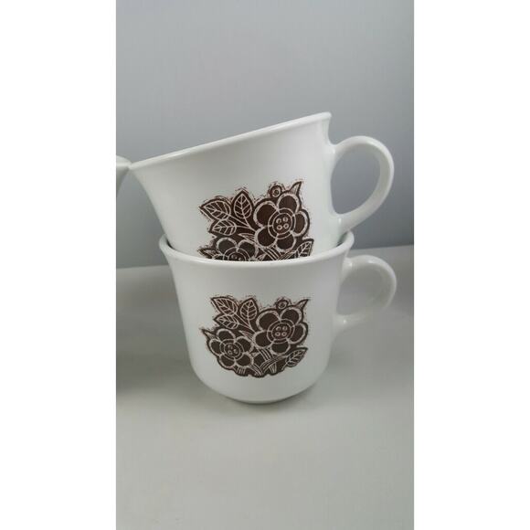 4 Vintage Corelle Batik Coffee Mugs Cups 8 Oz Brown White Floral CorningWare - Picture 2 of 7